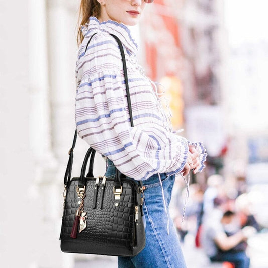 Genuine Leather Crocodile-Embossed Handbag for Women